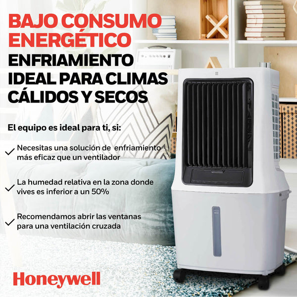 Enfriador evaporativo portátil CL42HE de 42 litros color blanco con panel de control digital LED frontal, diseño compacto y moderno para hogares y oficinas