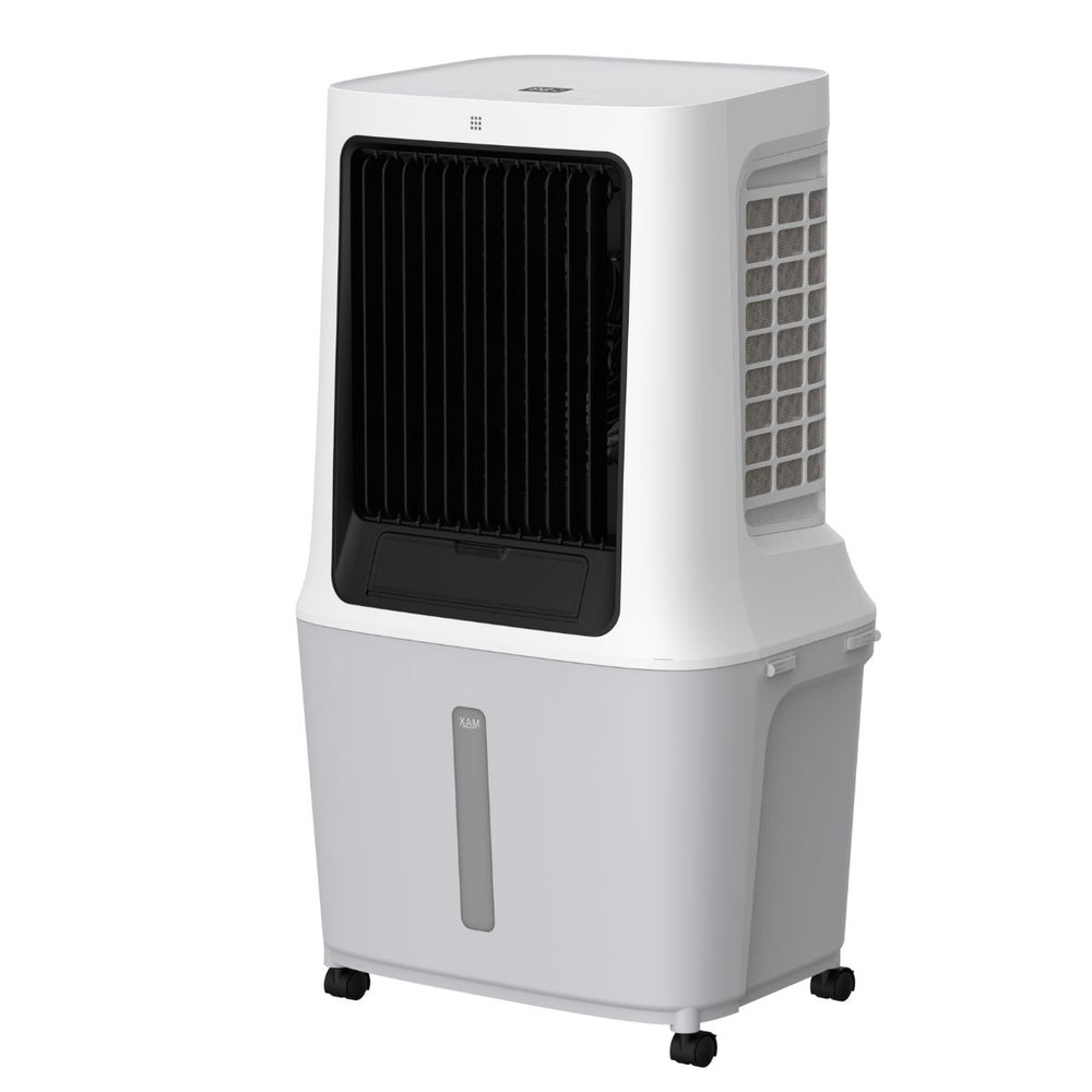 Enfriador evaporativo portátil CL42HE de 42 litros color blanco con panel de control digital LED frontal, diseño compacto y moderno para hogares y oficinas