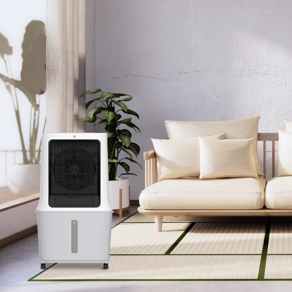 Enfriador evaporativo CL42HE en habitación, proporcionando sueño confortable con aire fresco y silencioso, ideal para noches de verano con bajo consumo eléctrico