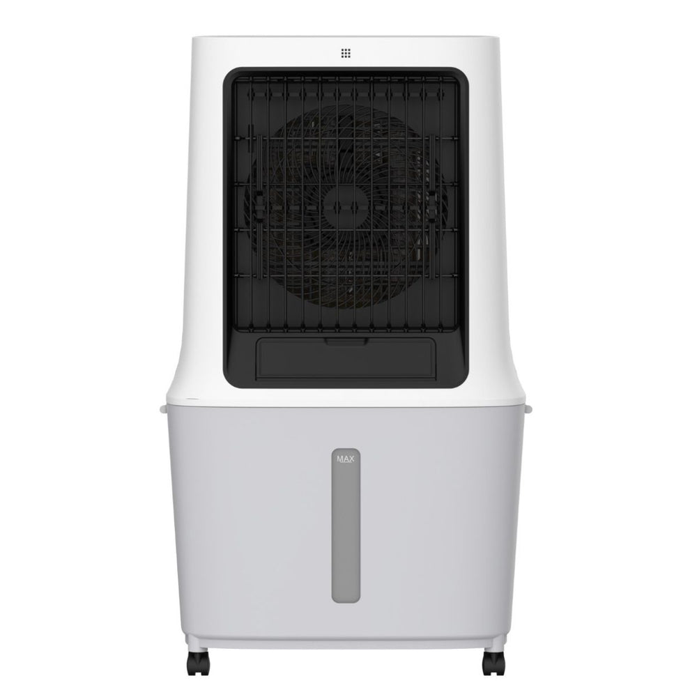 Enfriador evaporativo portátil CL42HE de 42 litros color blanco con panel de control digital LED frontal, diseño compacto y moderno para hogares y oficinas