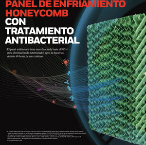 Tres paneles de enfriamiento Honeycomb con tratamiento antibacterial del CL42HE que maximizan la evaporación del agua y filtran el aire para mayor frescura y limpieza
