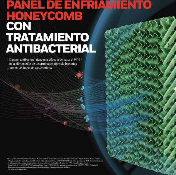 Tres paneles de enfriamiento Honeycomb con tratamiento antibacterial del CL42HE que maximizan la evaporación del agua y filtran el aire para mayor frescura y limpieza