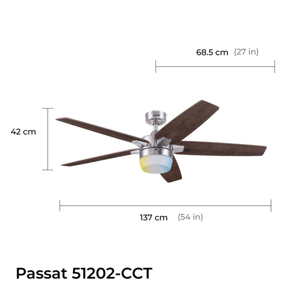 Coolfan Ventilador de Techo de 54" con Luz LED y 5 Aspas de Madera Reversibles con Control Remoto, Modelo Passat - Ventiladores.com