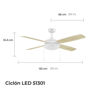 Coolfan Ventilador de Techo de 52" con Luz LED y 4 Aspas Reversibles de Madera con Control Remoto, Modelo Ciclon - Ventiladores.com