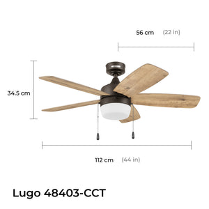 Coolfan Ventilador de Techo de 44" con Luz LED y 5 Aspas Reversibles de Madera con Control de Cadena, Modelo Lugo - Ventiladores.com