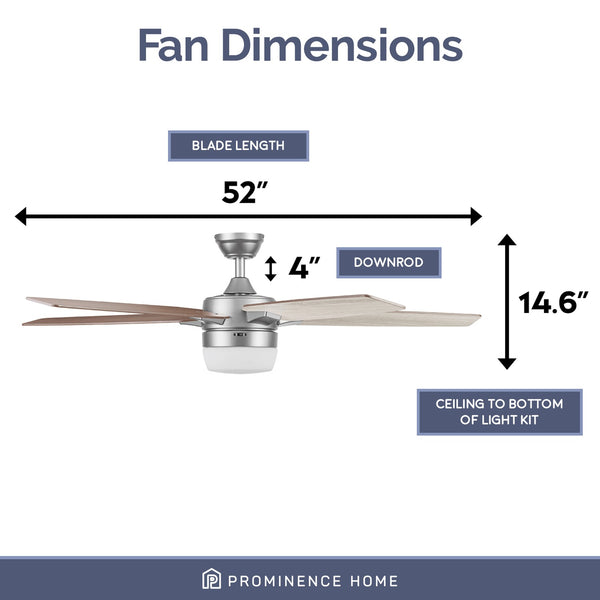 Prominence Home Ventilador de Techo Smart de 52" con Luz y 5 Aspas Reversibles con Control Remoto, Modelo Dorsey - Ventiladores.com