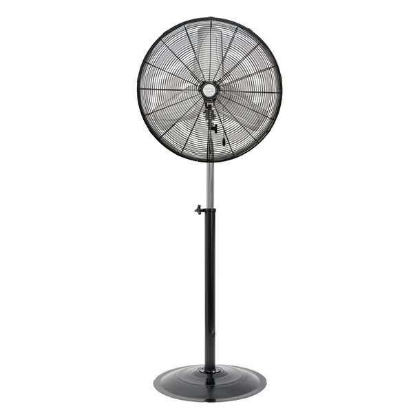 Ventilador industrial de pedestal NarvikAir modelo NA1024 de 24 pulgadas con rejilla de seguridad negra y aspas metálicas, vista frontal sobre fondo blanco