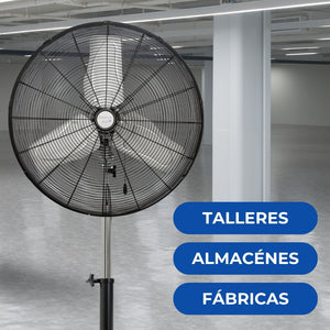 Ventilador NarvikAir NA1024 instalado en taller mecánico proporcionando refrigeración directa a estación de trabajo con herramientas