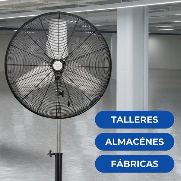 Ventilador NarvikAir NA1024 instalado en taller mecánico proporcionando refrigeración directa a estación de trabajo con herramientas