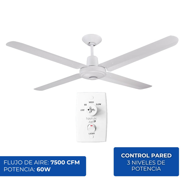 Ventilador de techo industrial NarvikAir de 56 pulgadas en color blanco con tres aspas de aluminio y motor central. 3 velocidades