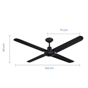 Ventilador de techo industrial NarvikAir de 56 pulgadas en color negro con tres aspas de aluminio y motor central. Dimensiones del producto