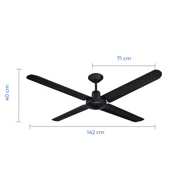 Ventilador de techo industrial NarvikAir de 56 pulgadas en color negro con tres aspas de aluminio y motor central. Dimensiones del producto