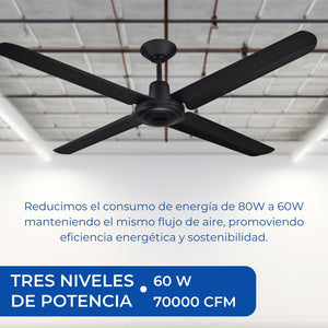 Ventilador de techo industrial NarvikAir de 56 pulgadas en color negro con tres aspas de aluminio y motor central. Potencia de 70000CFM