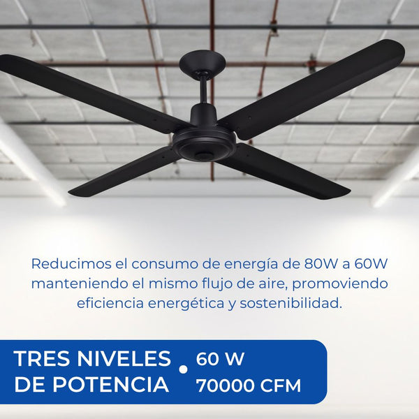 Ventilador de techo industrial NarvikAir de 56 pulgadas en color negro con tres aspas de aluminio y motor central. Potencia de 70000CFM
