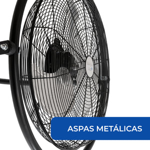 Close-up de las aspas metálicas y la rejilla de seguridad del ventilador industrial de 20 pulgadas.