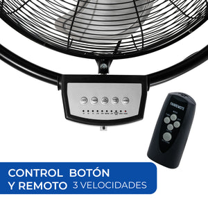 Detalle de los botones de control del ventilador industrial para ajustar las 3 velocidades de flujo.