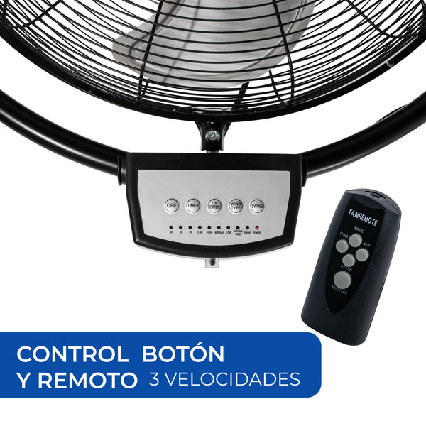 Detalle de los botones de control del ventilador industrial para ajustar las 3 velocidades de flujo.