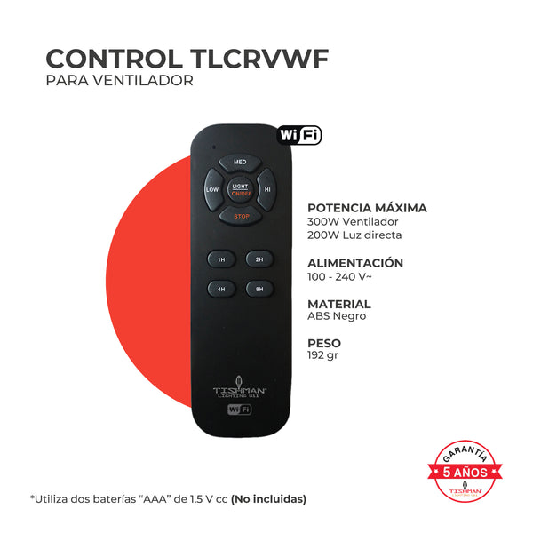 Control remoto físico incluido en kit WiFi Tishman para ventilador de techo potencia maxima 300w ventilador