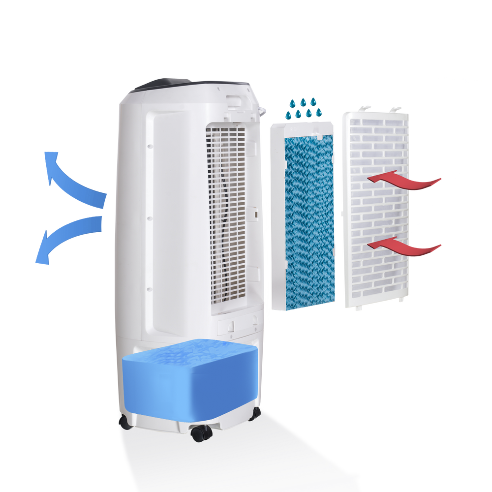 Enfriador de aire portátil TC10PE con ionizador, tanque 10L y diseño compacto tipo torre en blanco