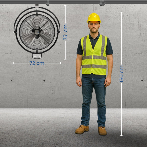 Diagrama técnico con las medidas exactas y dimensiones del ventilador industrial NarvikAir 20 pulgadas.