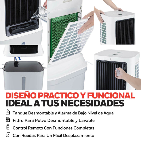 Enfriador evaporativo portátil CL42HE de 42 litros color blanco con panel de control digital LED frontal, diseño compacto y moderno para hogares y oficinas