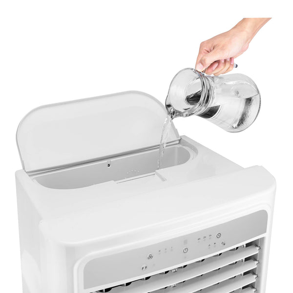 Vista superior del enfriador Honeywell CL202PEUI mostrando el compartimento especial para agregar hielo y potenciar el enfriamiento del aire en días calurosos.