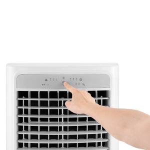 Panel de control digital LED del enfriador Honeywell CL202PEUI con botones de velocidad, temporizador y modo, acompañado de su control remoto inalámbrico.