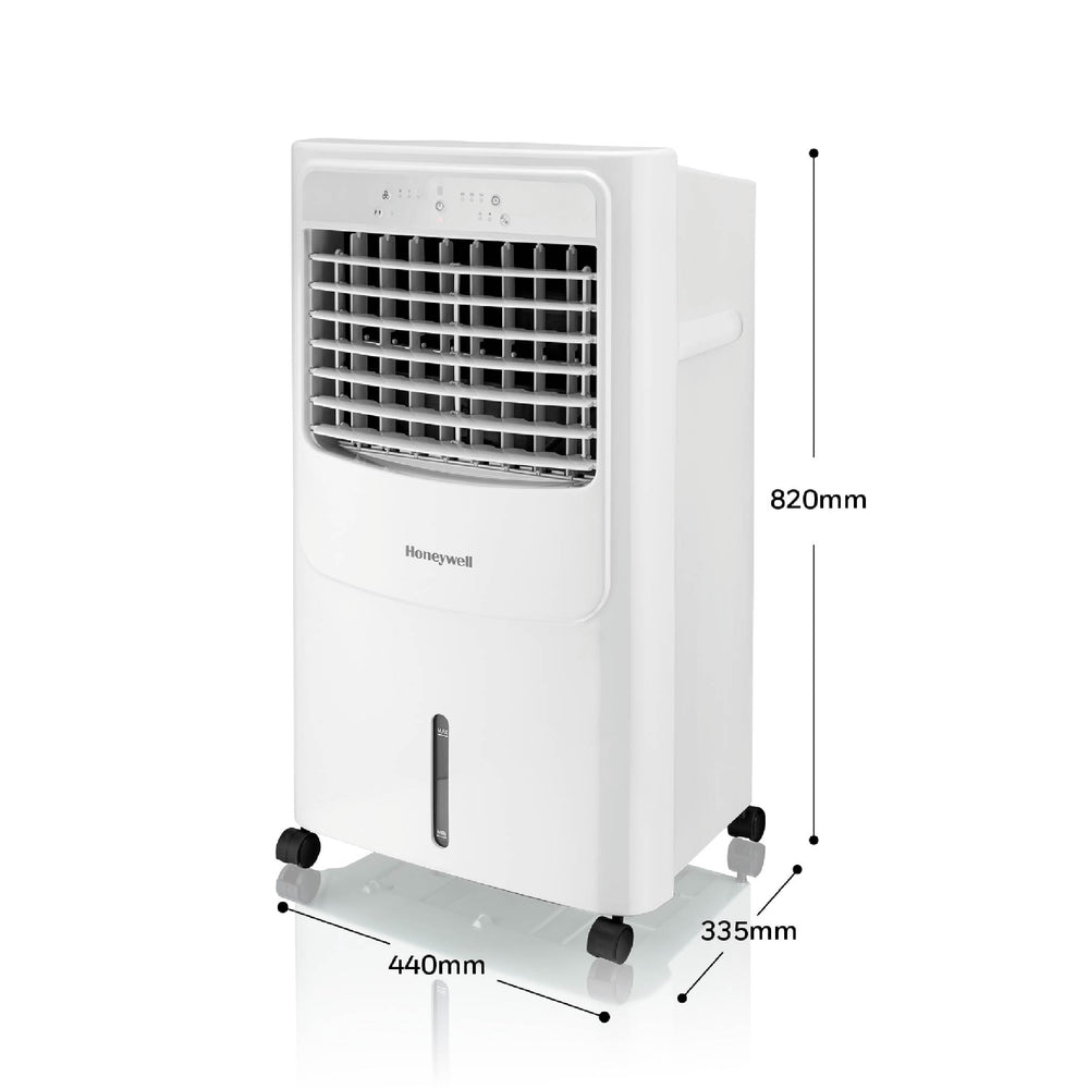 Enfriador de aire evaporativo Honeywell CL202PEUI de 20 litros color blanco y gris, vista frontal completa mostrando rejillas de ventilación y diseño portátil.