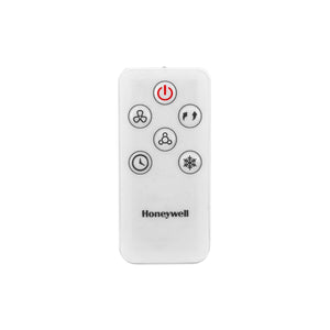 Panel de control digital LED del enfriador Honeywell CL202PEUI con botones de velocidad, temporizador y modo, acompañado de su control remoto inalámbrico.