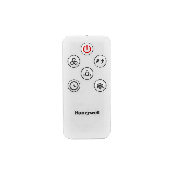 Panel de control digital LED del enfriador Honeywell CL202PEUI con botones de velocidad, temporizador y modo, acompañado de su control remoto inalámbrico.