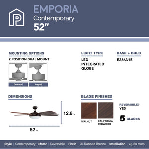 Prominence Home Ventilador de Techo de 52" con Luz y 5 Aspas Reversibles con Control Remoto, Modelo Emporia - Ventiladores.com