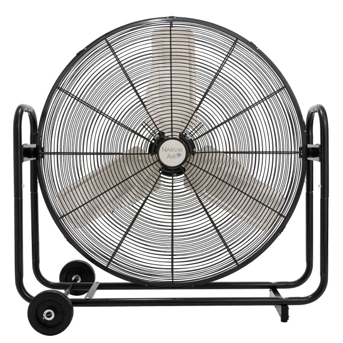 Ventilador industrial de piso NarvikAir de 30 pulgadas color negro, vista frontal mostrando la rejilla de protección y potencia.