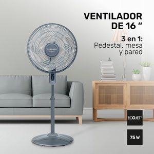 3 en 1: Versátil diseño que permite usarlo como ventilador de pedestal, mesa o pared, adaptándose a cualquier espacio y necesidad.