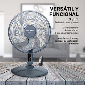 3 en 1: Versátil diseño que permite usarlo como ventilador de pedestal, mesa o pared, adaptándose a cualquier espacio y necesidad.