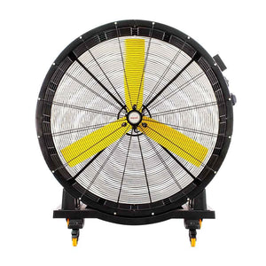 Ventilador industrial Mytek de 48 pulgadas tipo tambor color negro, motor 600W y rejilla de seguridad frontal para naves industriales.