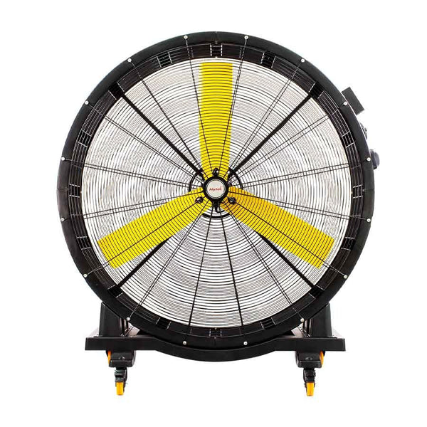 Ventilador industrial Mytek de 48 pulgadas tipo tambor color negro, motor 600W y rejilla de seguridad frontal para naves industriales.