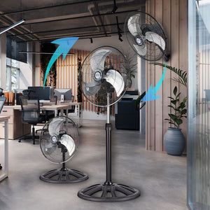 Ventilador de pedestal Mytek 18 pulgadas con estructura metálica en funcionamiento dentro de un taller, proporcionando ventilación potente de 3,848 CFM para ambientes de trabajo.